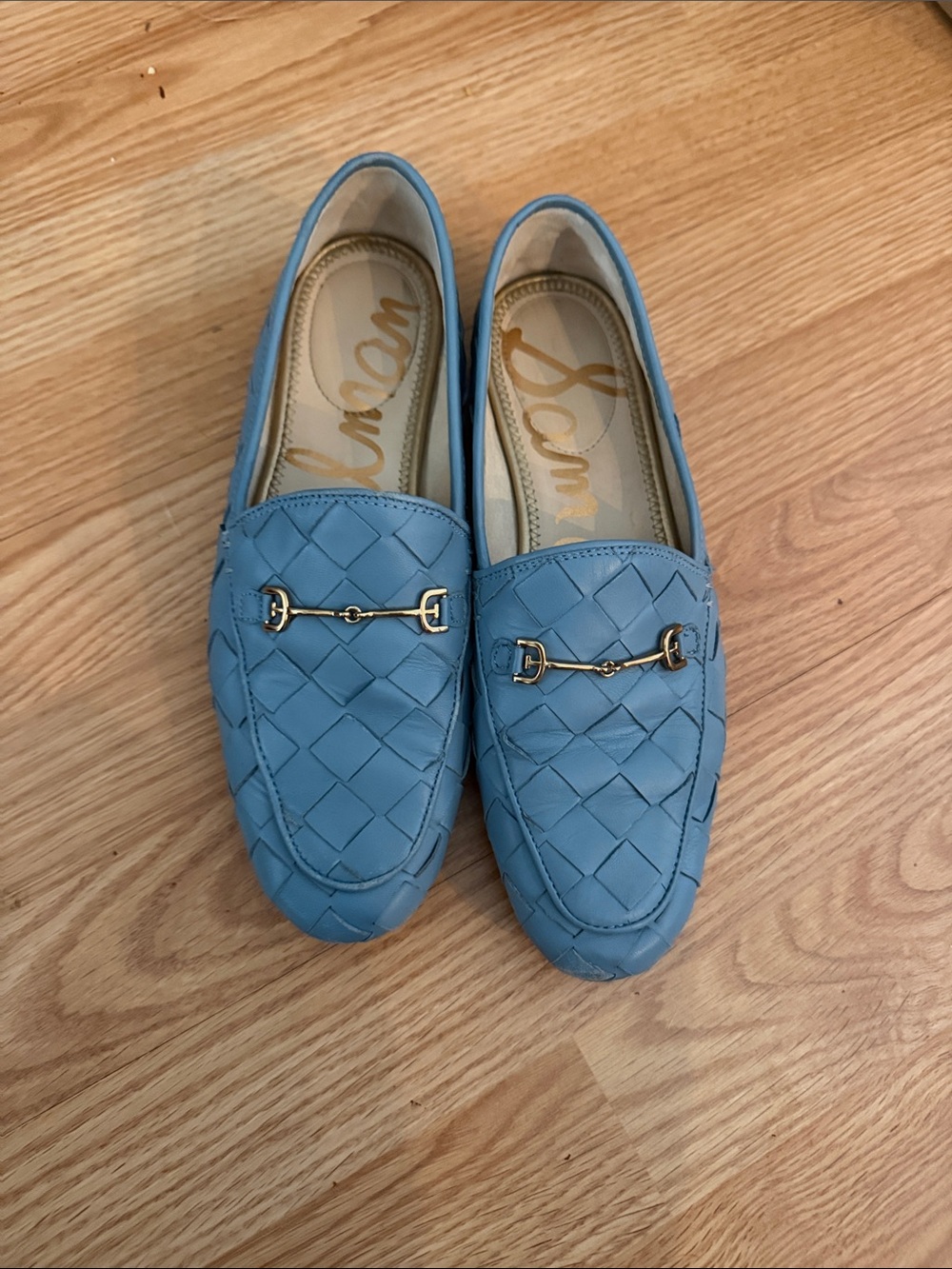Sam Edelman Light Blue Quilted Leather Loafers with Gold Horsebit in
